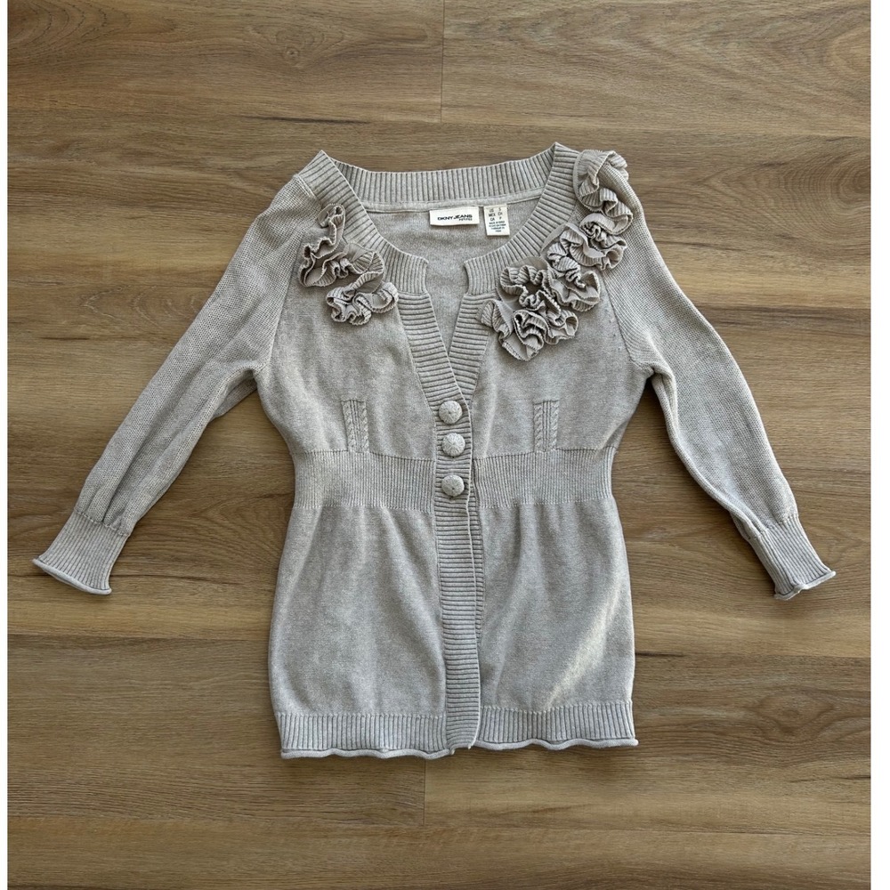 DKNY Jeans Petites Vintage Babydoll‎ Cardigan Beige Floral Ruffle Cotton S y2k